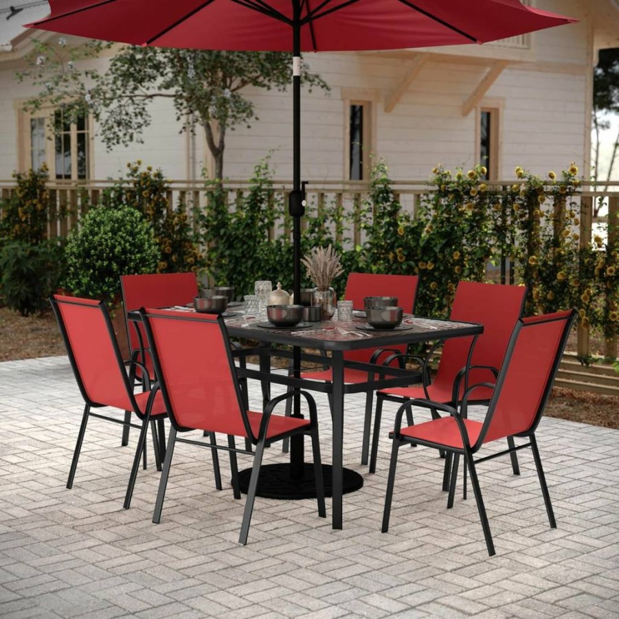 Flash Furniture Brazos 60" Outdoor Dining Set with Tempered Glass Table, 6 Stackable Chairs, Flex Comfort Seats, Gray/Black Patio Furniture for Commercial Use