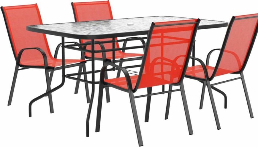 Flash Furniture Brazos 7-Piece Outdoor Dining Set with Rectangular Glass Table & 6 Brown Sling Chairs, Patio Furniture for Garden & Backyard