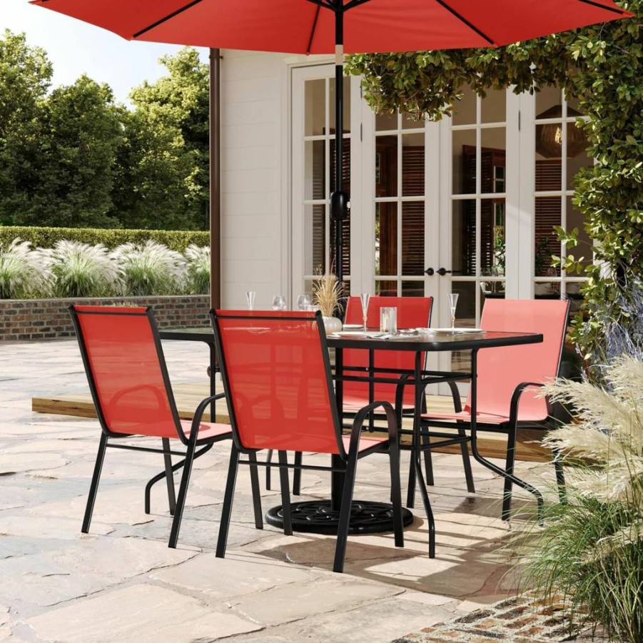 Flash Furniture Brazos 7-Piece Outdoor Dining Set with Rectangular Glass Table & 6 Brown Sling Chairs, Patio Furniture for Garden & Backyard