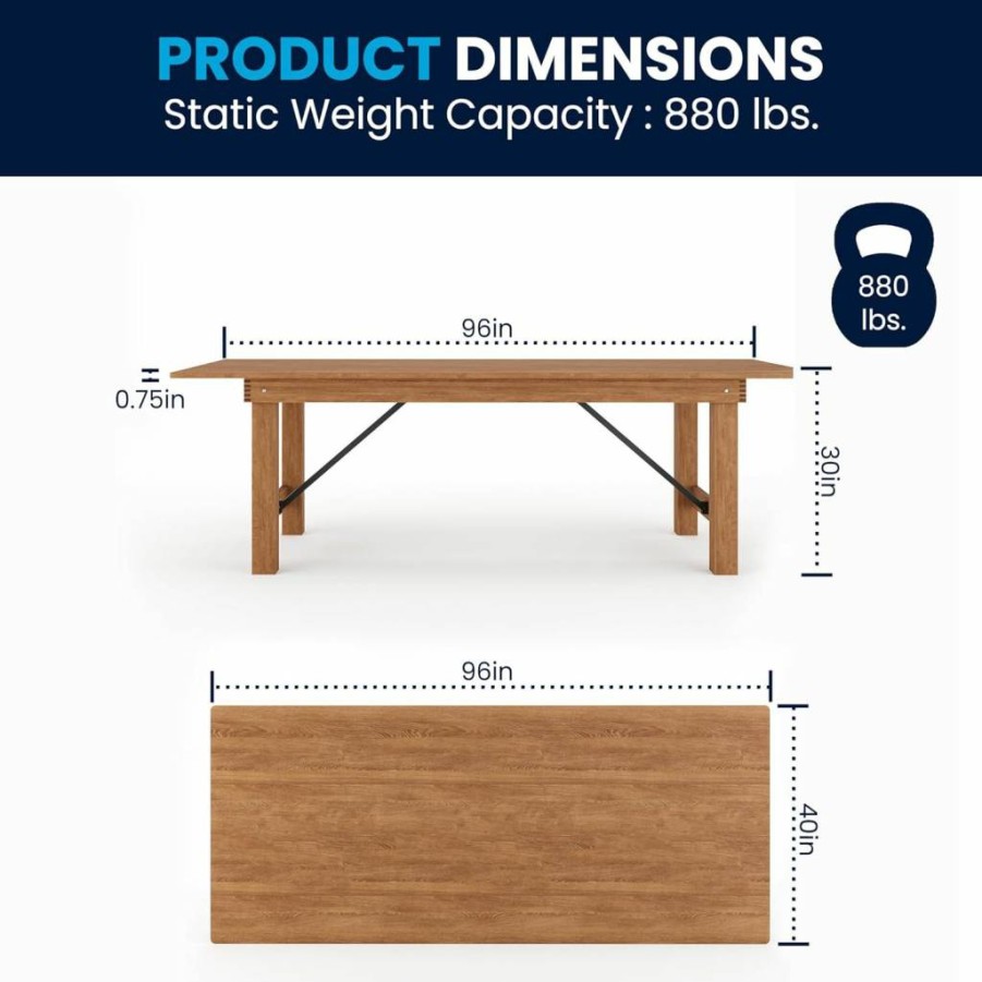 Flash Furniture Hercules Series 8-Foot Rustic Solid Pine Folding Table – Antique Farmhouse Rectangular Dining & Event Extension Table