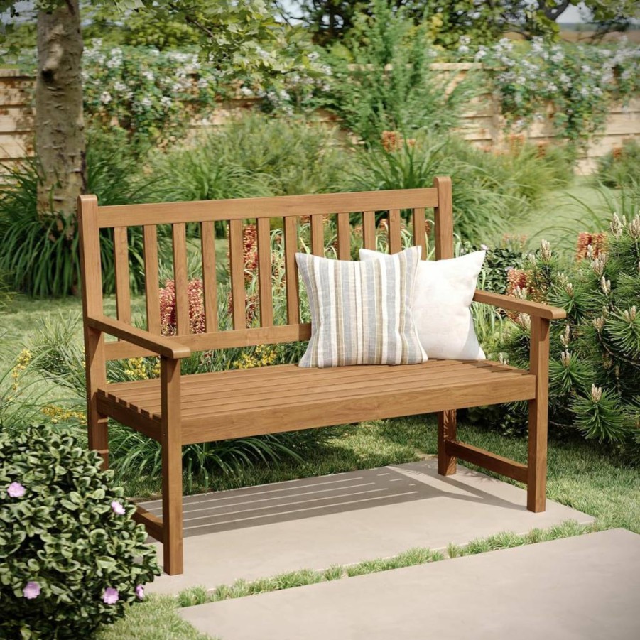 Flash Furniture Adele 2-Person Acacia Wood Patio Bench - Indoor/Outdoor Slatted Loveseat for Garden, Porch, Yard, Park - Brown Commercial Grade Seating