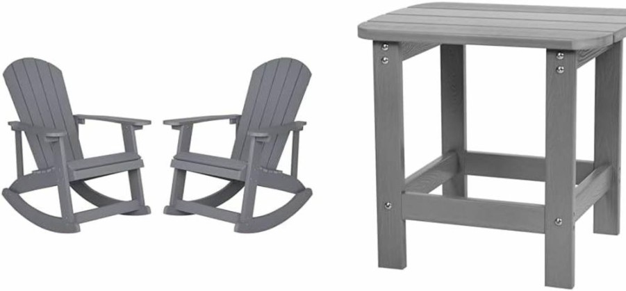 Flash Furniture 2-Piece Gray Adirondack Rocking Chairs Set with Polyresin Side Table, Outdoor Patio Lounge Seating