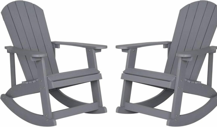 Flash Furniture 2-Piece Gray Adirondack Rocking Chairs Set with Polyresin Side Table, Outdoor Patio Lounge Seating
