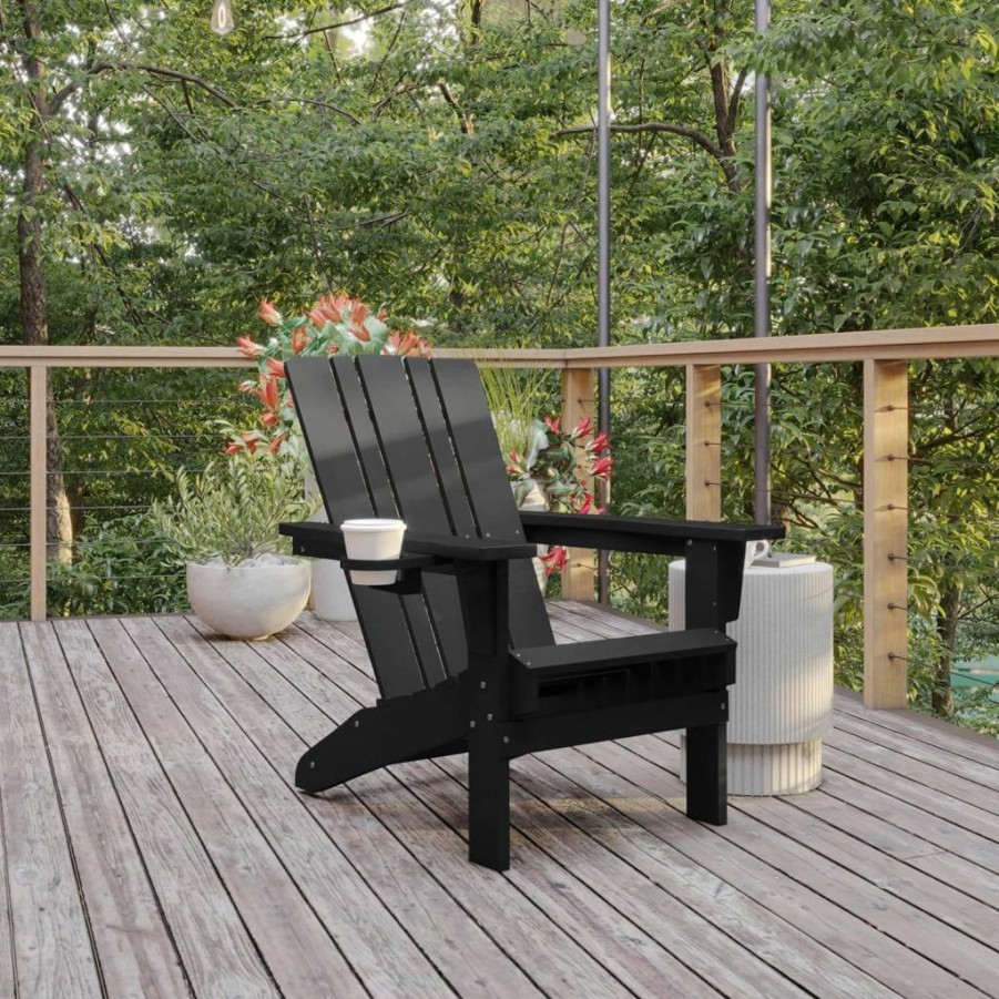 Flash Furniture Halifax Blue Poly Resin Adirondack Chair - Weather Resistant Outdoor Patio Seat with Cup Holder