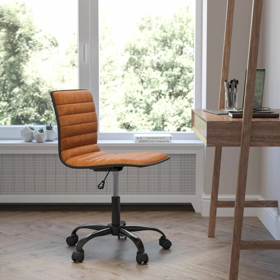 Flash Furniture Alan Modern Swivel Office Chair - Low Back, Armless, Tan Ribbed Design for Task & Workspace Comfort