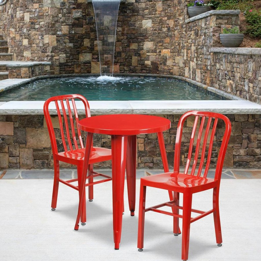 Flash Furniture 24" Round White Metal Outdoor Table Set with 2 Slat Back Chairs - Commercial Grade Indoor-Outdoor Dining