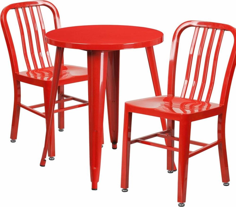 Flash Furniture 24" Round White Metal Outdoor Table Set with 2 Slat Back Chairs - Commercial Grade Indoor-Outdoor Dining
