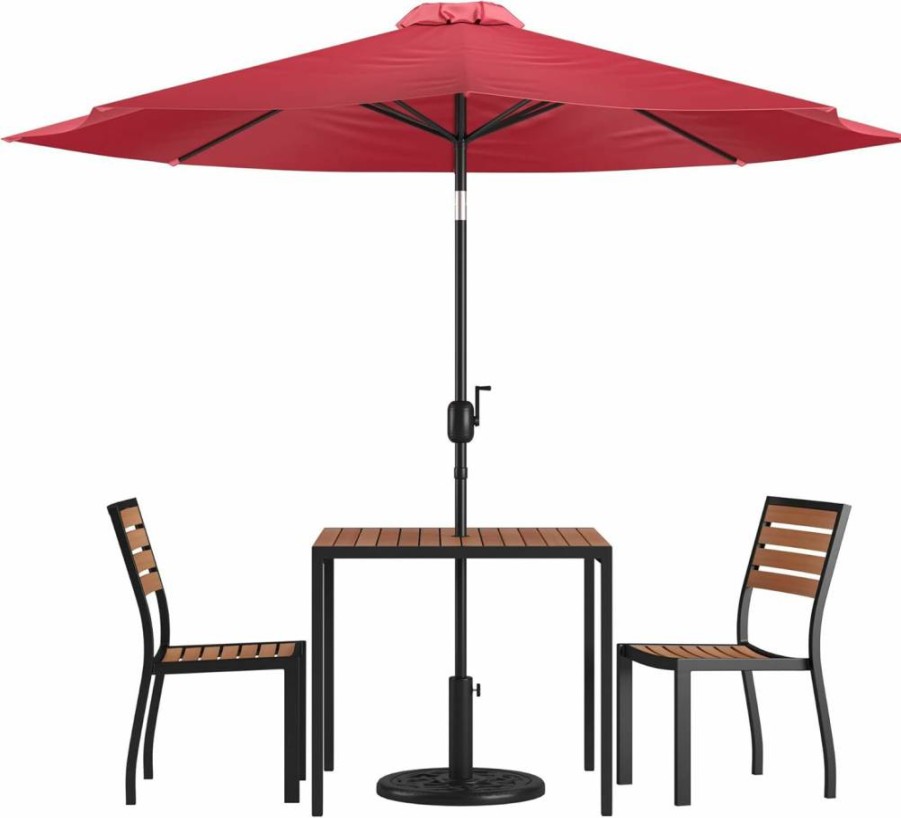Flash Furniture 5-Piece Patio Set with 35" Square Faux Teak Table, 2 Stackable Chairs, and Tan Umbrella with Base - Outdoor Dining Collection