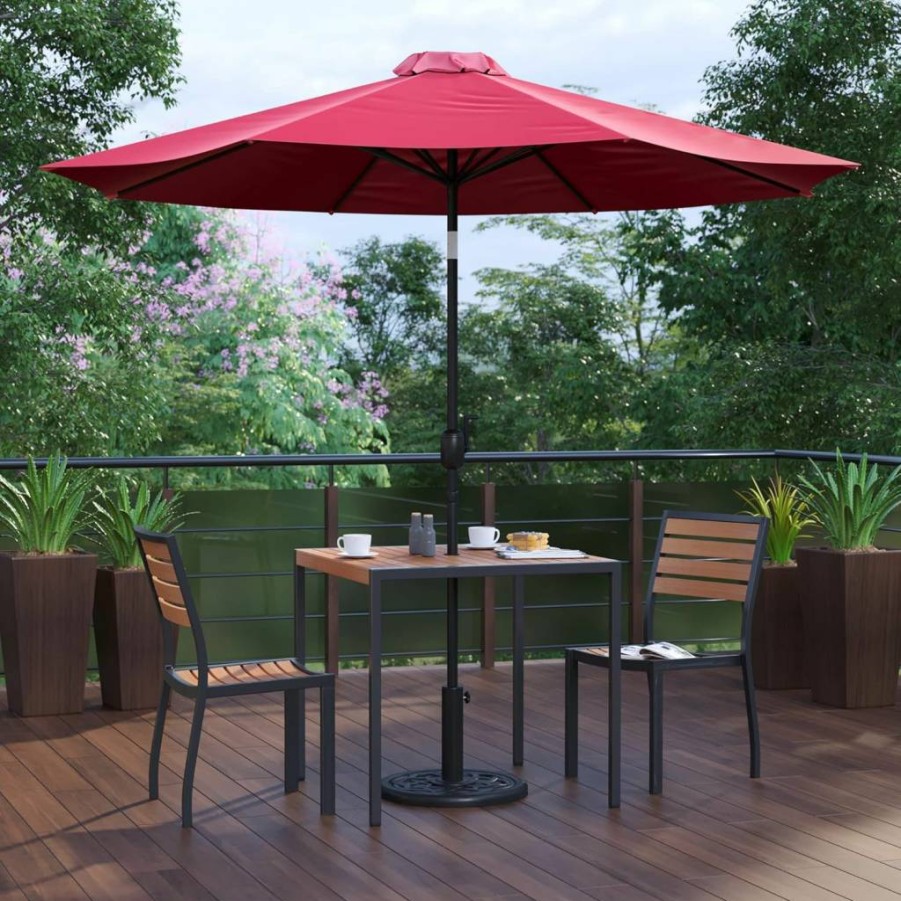 Flash Furniture 5-Piece Patio Set with 35" Square Faux Teak Table, 2 Stackable Chairs, and Tan Umbrella with Base - Outdoor Dining Collection
