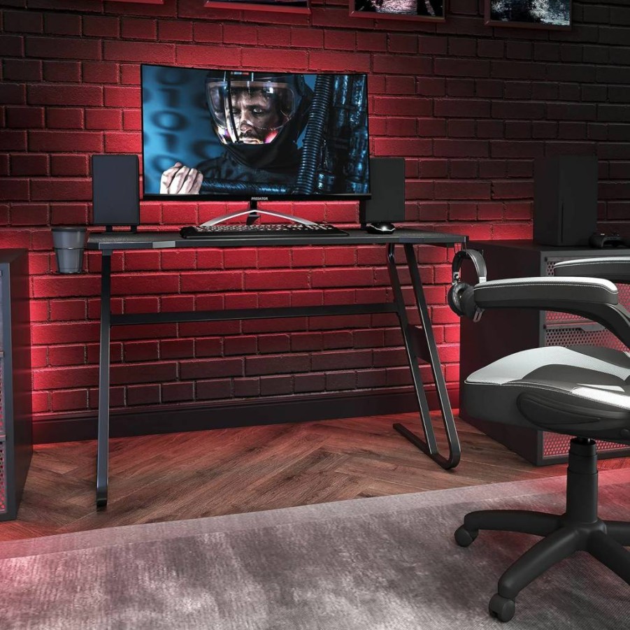 Flash Furniture 51.5" White Ergonomic Gaming Desk with Cup Holder & Headphone Hook - Fisher Computer Game Table for Gamers