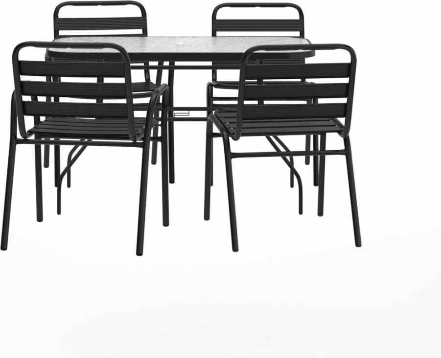 Flash Furniture 5-Piece Outdoor Dining Set with Tempered Glass Table, 2 Triple Slat Chairs & 2 Arm Chairs, 47" Black Patio Furniture for Commercial Use