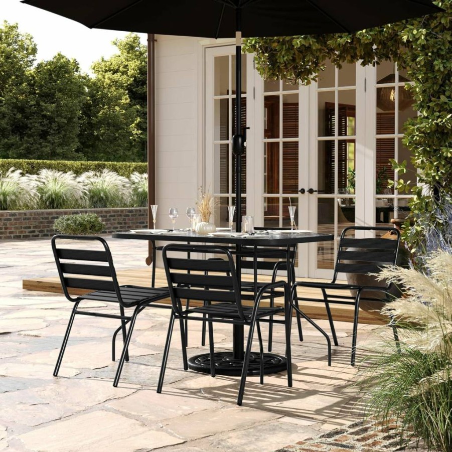 Flash Furniture 5-Piece Outdoor Dining Set with Tempered Glass Table, 2 Triple Slat Chairs & 2 Arm Chairs, 47" Black Patio Furniture for Commercial Use