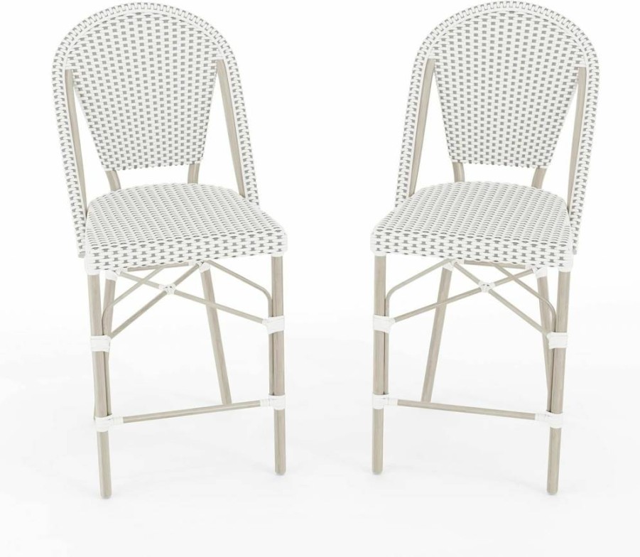 Martha Stewart Stackable Indoor-Outdoor Counter Stool with Woodgrain Aluminum Frame & Woven Rattan Seat in Black/White