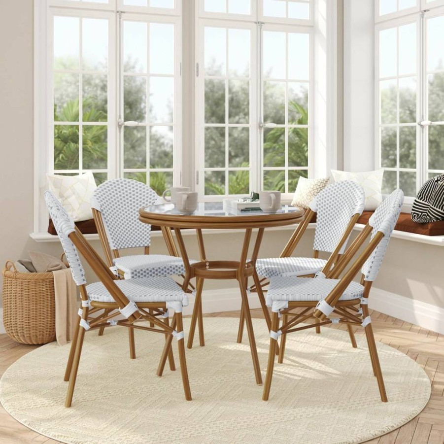 Flash Furniture White/Navy Bistro Set - 4-Piece Indoor/Outdoor Dining Set with Tempered Glass Table, PE Rattan Chairs & Bamboo Print Aluminum Frame