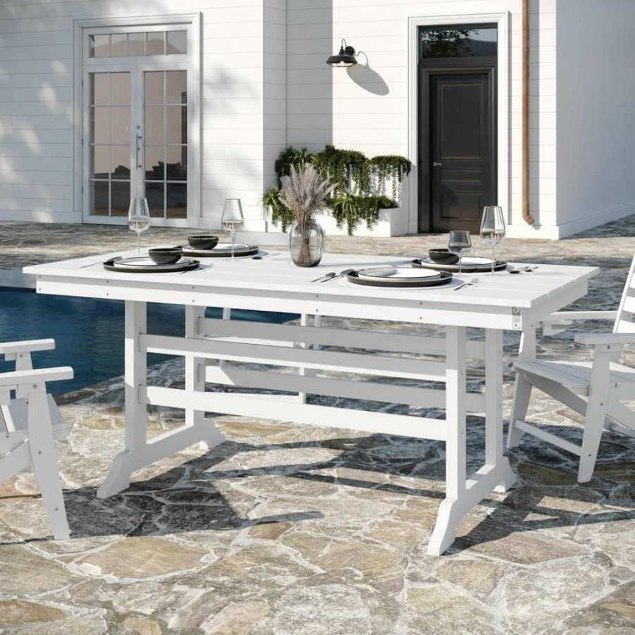Flash Furniture 72" White Outdoor Dining Table - Commercial Grade Recycled HDPE, UV Resistant, All-Weather Adirondack Style, Seats 6