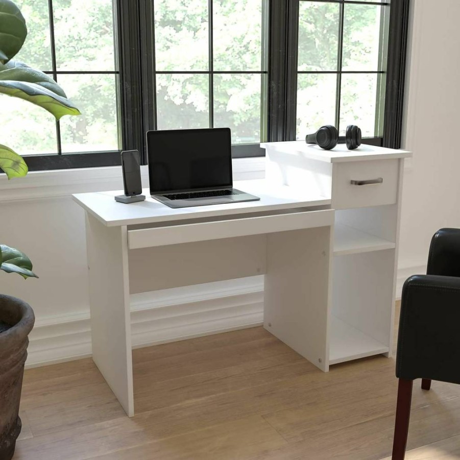 Flash Furniture White Computer Desk with Shelves & Drawer - Highland Park Style Workstation