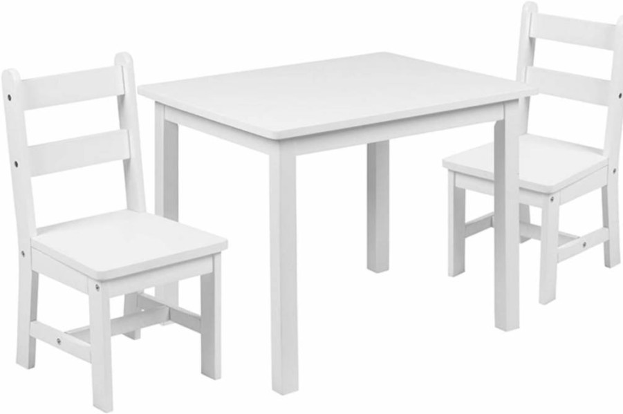 Flash Furniture Kyndl White 3-Piece Kids Hardwood Table and Chair Set for Playroom, Bedroom, Kitchen