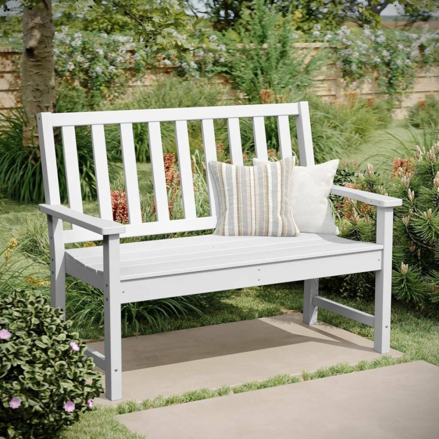 Flash Furniture 50" White All-Weather Recycled HDPE Indoor-Outdoor Bench with Arms, UV Resistant & Contoured Seat, Commercial Grade