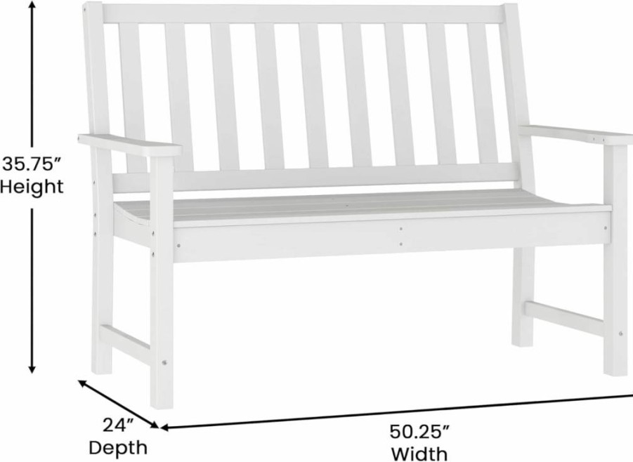 Flash Furniture 50" White All-Weather Recycled HDPE Indoor-Outdoor Bench with Arms, UV Resistant & Contoured Seat, Commercial Grade