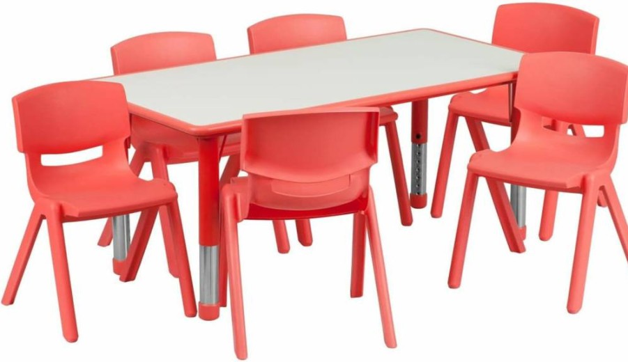 Flash Furniture Emmy Kids Activity Table & 6 Stackable Chairs Set, 23.6"W x 47.2"L Adjustable Plastic Classroom Table, Natural