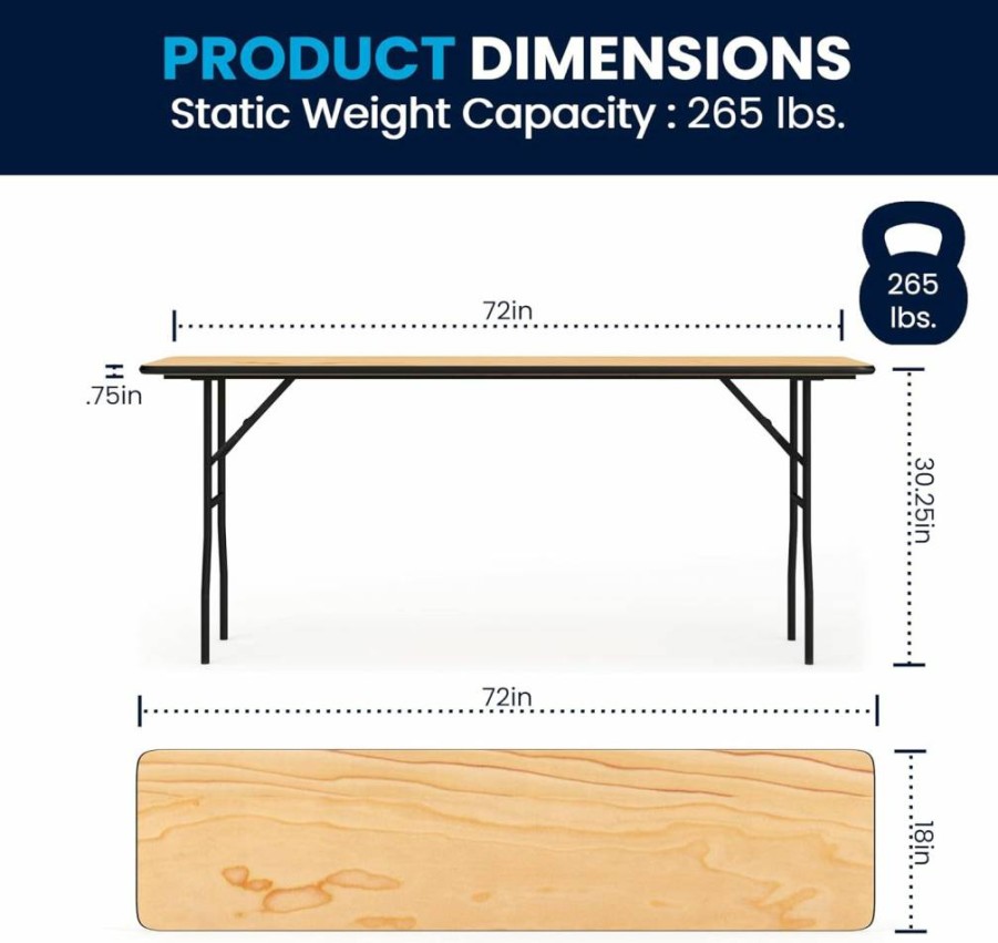 Flash Furniture Gael 6-Foot Rectangular Folding Table, Natural Wood Training & Event Table with Smooth Clear Coated Finish