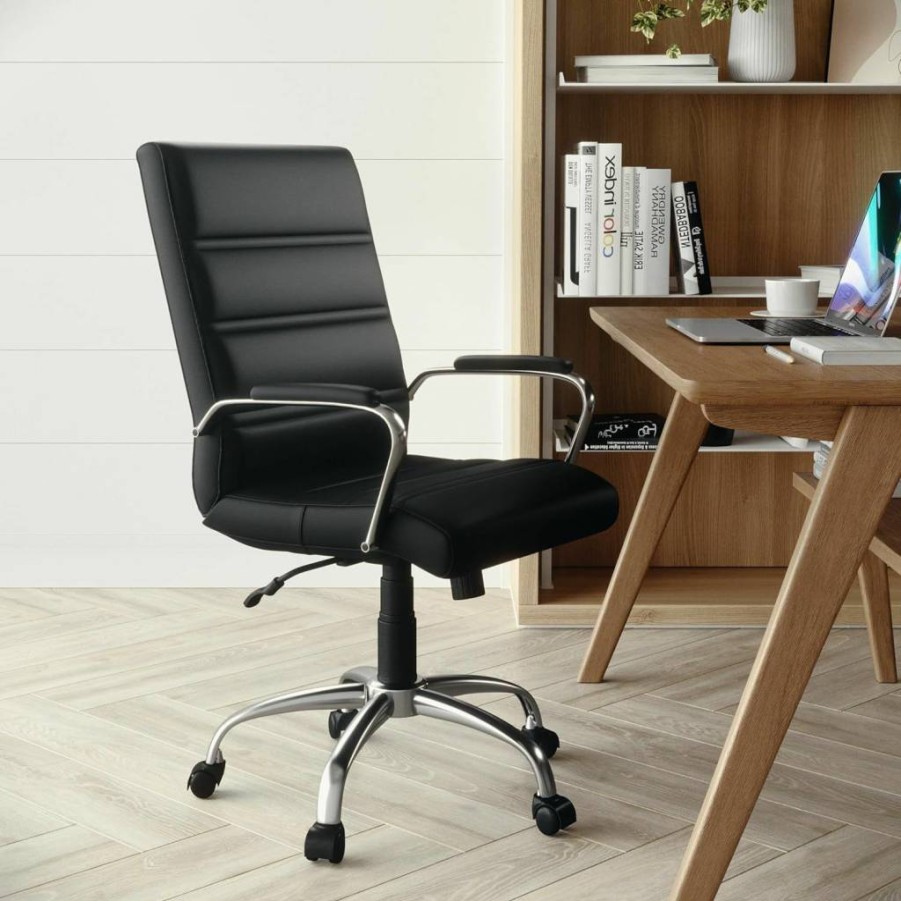 Flash Furniture Whitney Mid-Back Swivel Office Chair with Wheels, Adjustable Height, Padded Seat & Armrests, Leathersoft Black Desk Chair for Comfort
