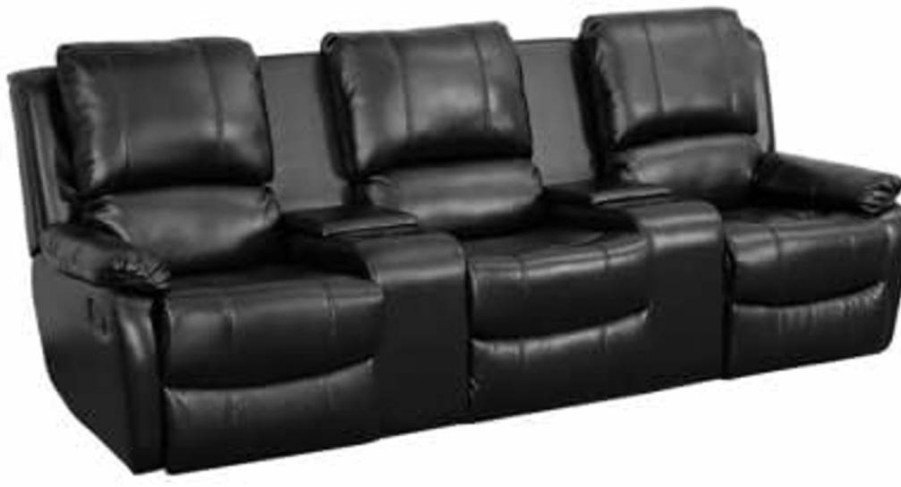 Flash Furniture BT-70295-3-BK-GG Black Leather 3-Seater Reclining Theater Seat with Pillow Top and Storage Consoles