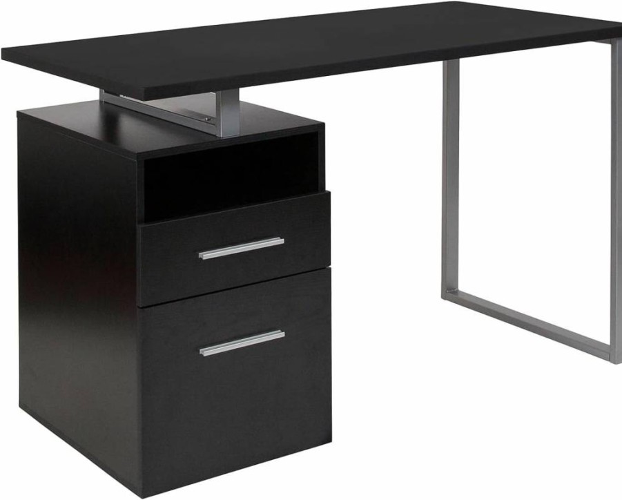 Flash Furniture Light Ash Wood Grain Computer Desk with 2 Drawers, Silver Metal Frame, Home Office Workstation