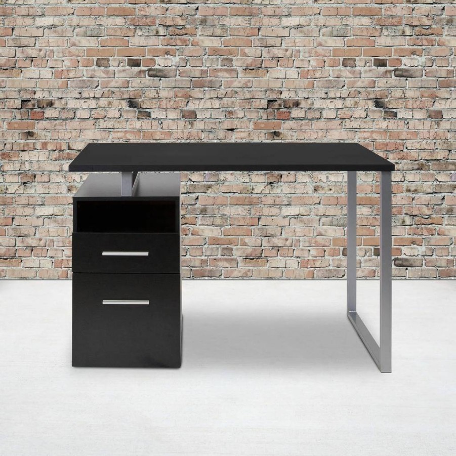 Flash Furniture Light Ash Wood Grain Computer Desk with 2 Drawers, Silver Metal Frame, Home Office Workstation