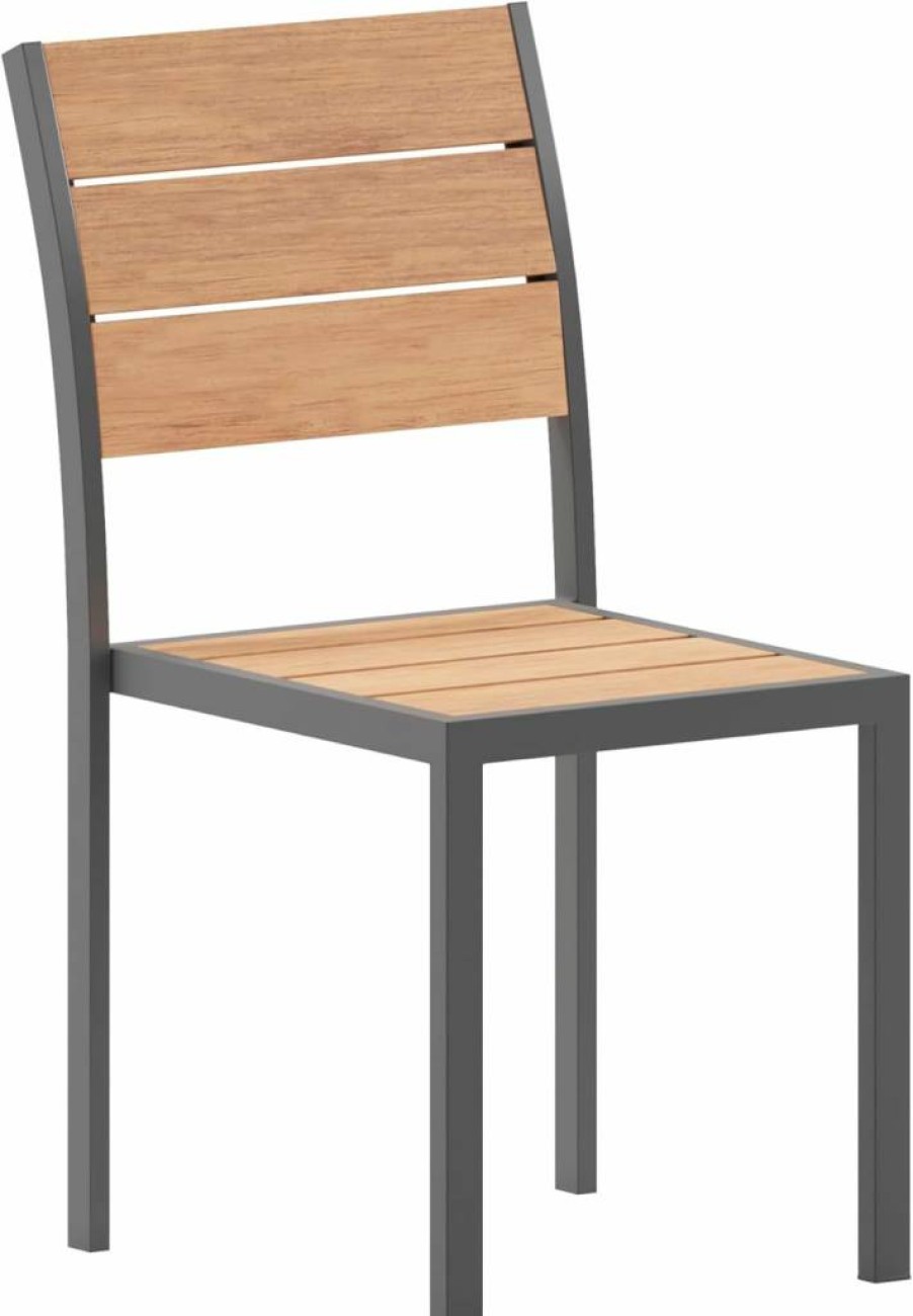 Flash Furniture Commercial Grade Stackable Patio Chair - Armless Design with Faux Teak Slats & Durable Metal Frame in Gray