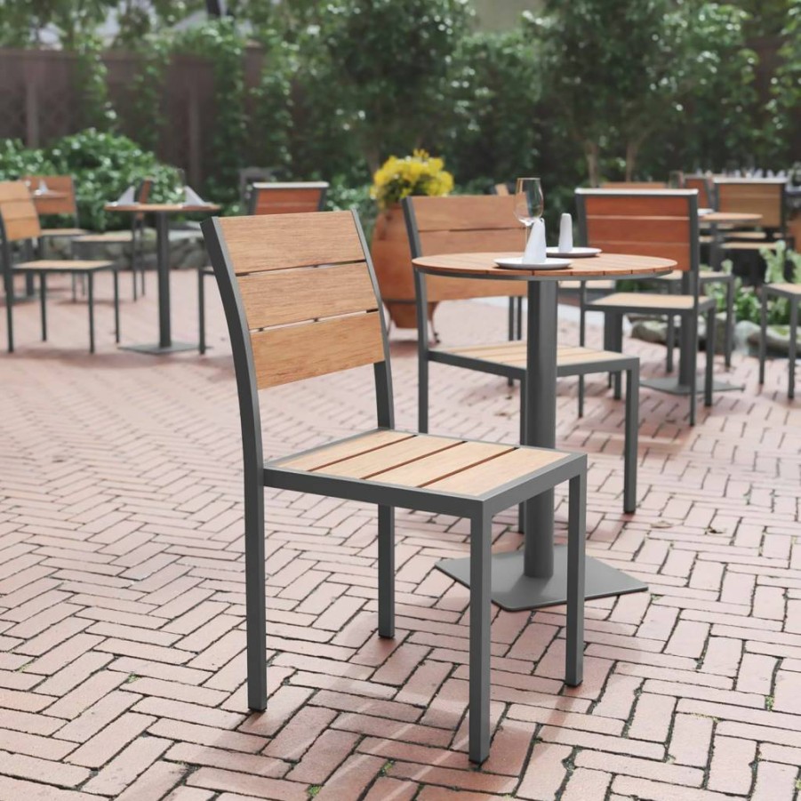 Flash Furniture Commercial Grade Stackable Patio Chair - Armless Design with Faux Teak Slats & Durable Metal Frame in Gray
