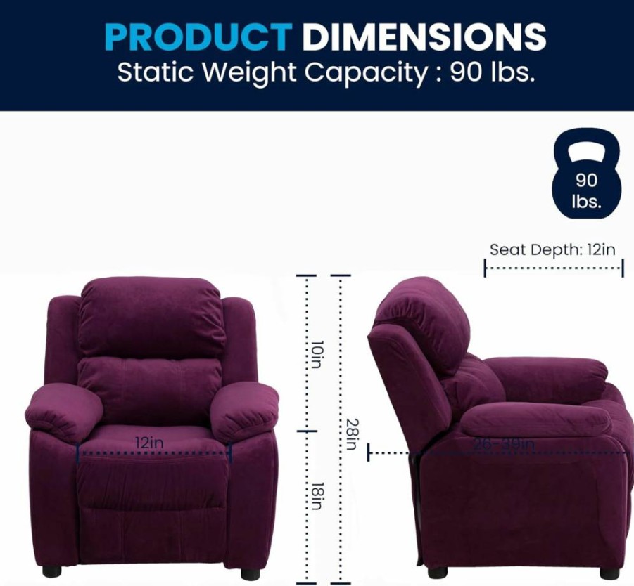 Flash Furniture Charlie Kids Recliner Chair - Lavender Vinyl, Flip-Up Storage Arms, Safety Recline, Supports 90 Lbs, Modern Children's Reclining Seat
