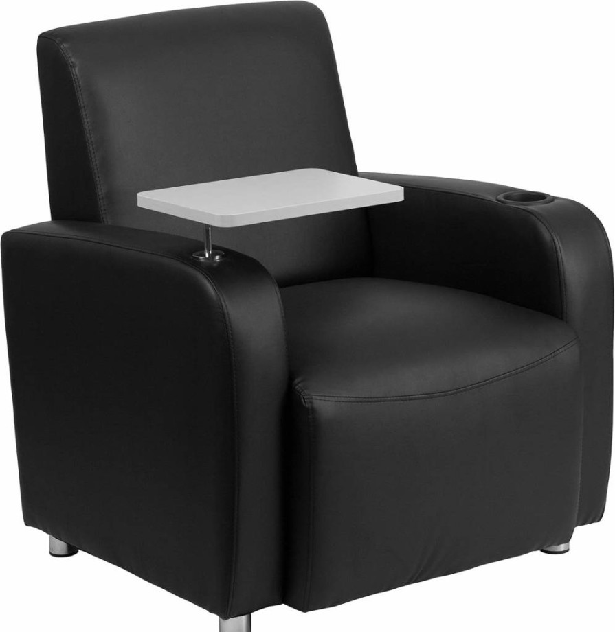 Flash Furniture Black Leathersoft Office Guest Chair with Tablet Arm & Cup Holder - Upholstered Waiting Room Chair
