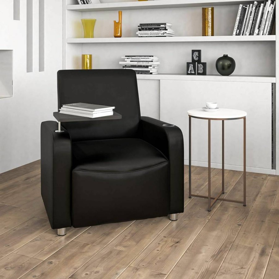 Flash Furniture Black Leathersoft Office Guest Chair with Tablet Arm & Cup Holder - Upholstered Waiting Room Chair
