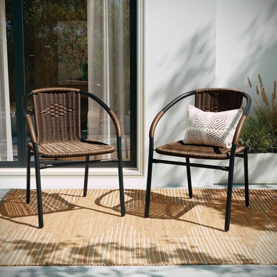 Flash Furniture 4-Piece Black Lila Modern Rattan Stackable Dining Chairs for Indoor Outdoor Patio Restaurant Bistro Setting