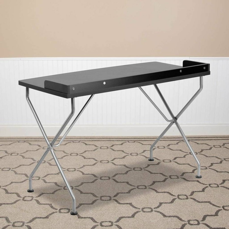 Flash Furniture Black Office Desk with Silver Metal Frame and Raised Border - Sturdy Computer Workstation