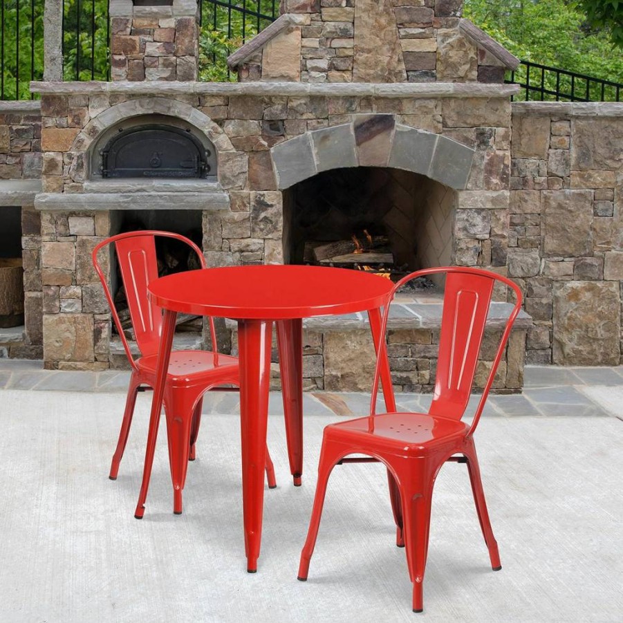 Flash Furniture 30-Inch Round Orange Metal Outdoor Cafe Table Set with 2 Chairs - Commercial Grade All-Weather Dining for Patio, Bistro & Garden