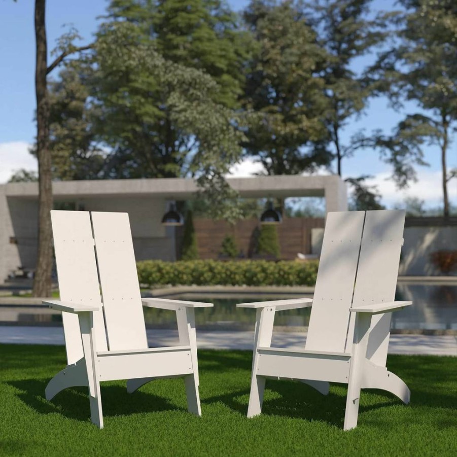 Flash Furniture Modern Commercial Adirondack Chair - Navy Blue All-Weather Poly Resin Lounge Chair with 2-Slat Back