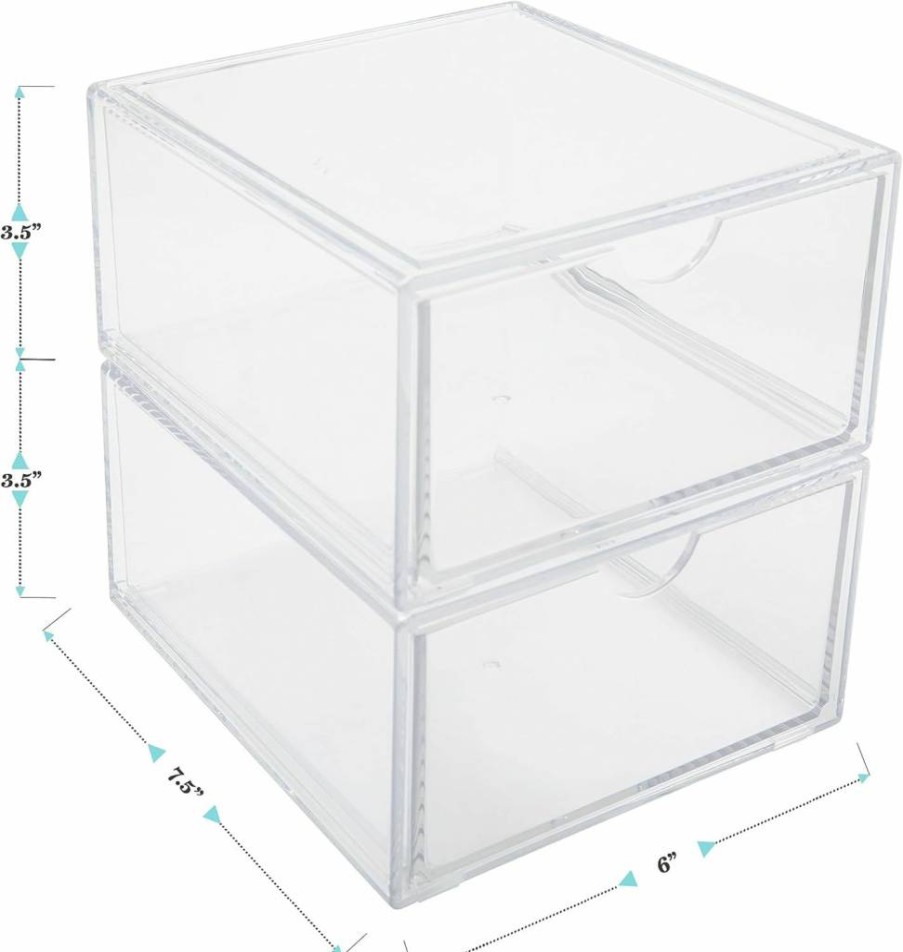 Martha Stewart Clear Stackable Desk Organizer with 2 Drawers - 12.75" x 7.75" Plastic Storage Box for Office, Bathroom, Countertop, or Dorm