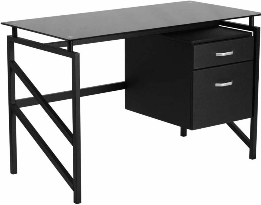 Flash Furniture Black Singleton Glass Office Desk with 2-Drawer Pedestal, Modern Workstation
