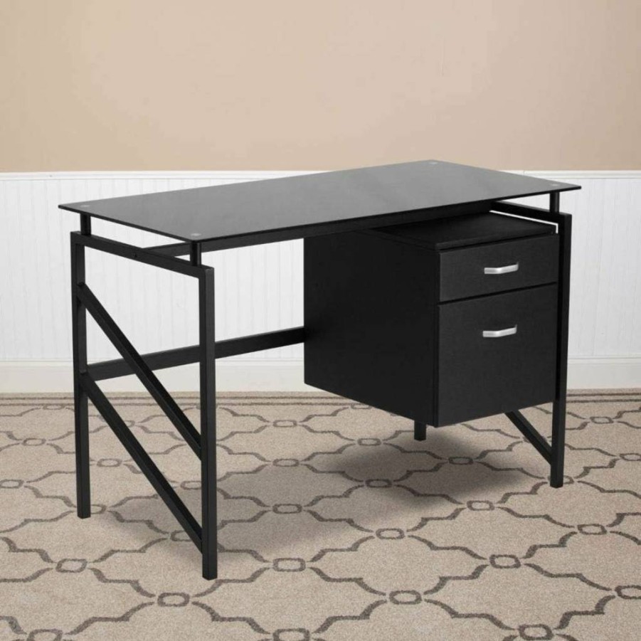Flash Furniture Black Singleton Glass Office Desk with 2-Drawer Pedestal, Modern Workstation