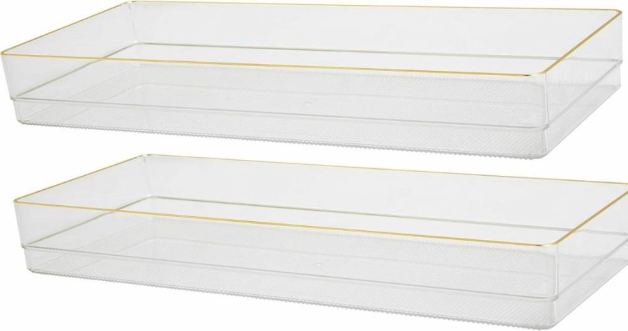 Martha Stewart Stackable Desk Drawer Organizers with Gold Trim, 15x6 Inches, 2-Pack for Office Storage