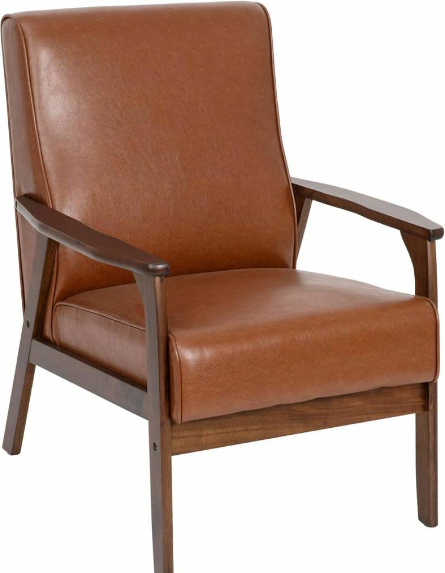 Flash Furniture Langston Mid Century Modern Chair - Cognac Leathersoft Upholstery, Walnut Wood Frame, Supportive Sinuous Springs, Commercial Use