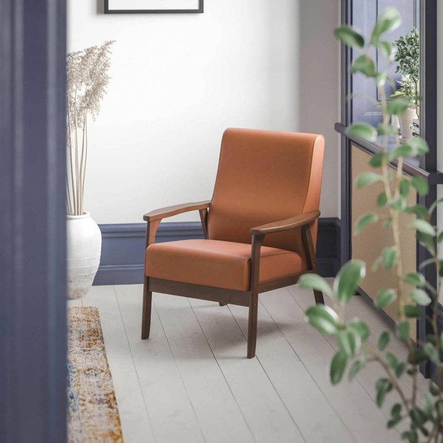 Flash Furniture Langston Mid Century Modern Chair - Cognac Leathersoft Upholstery, Walnut Wood Frame, Supportive Sinuous Springs, Commercial Use