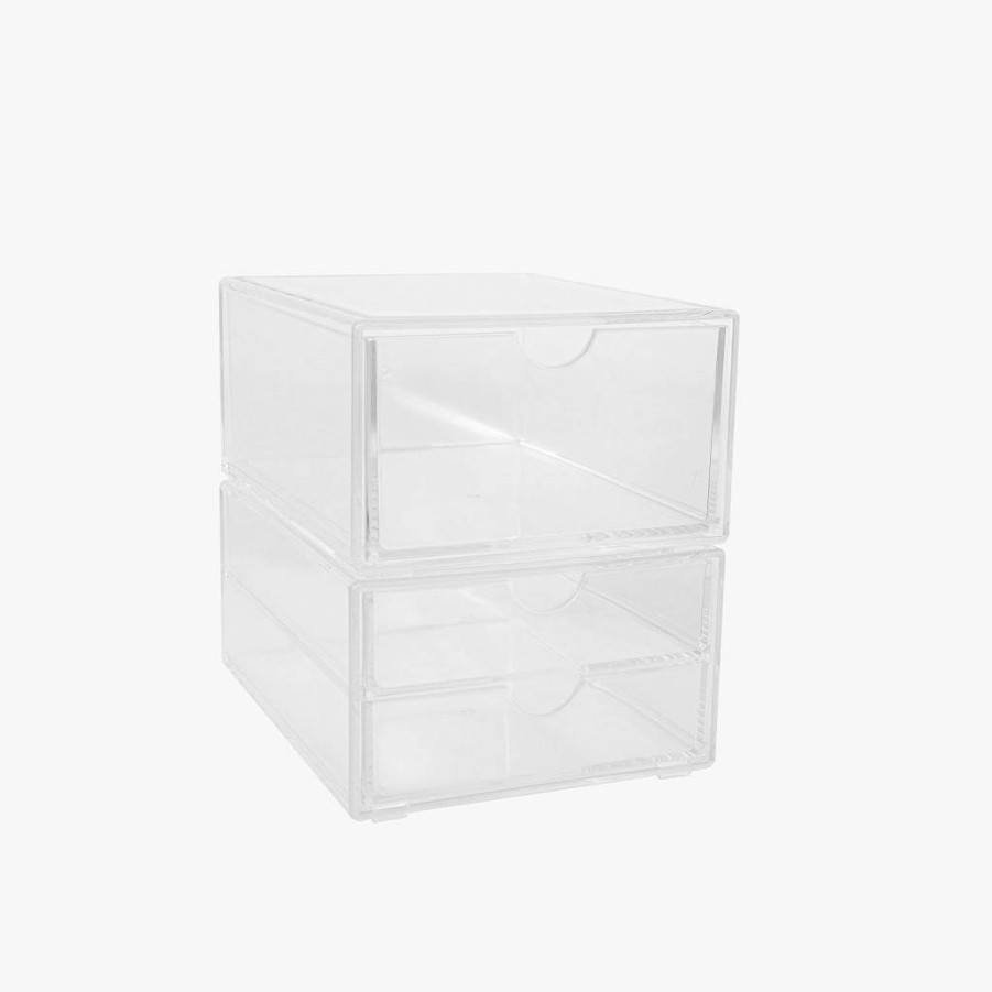 Martha Stewart Brody 2-Pack Stackable Plastic Drawer Organizers, Clear Storage Boxes for Office, Bathroom, Countertop & Dorm (6" x 7.5")