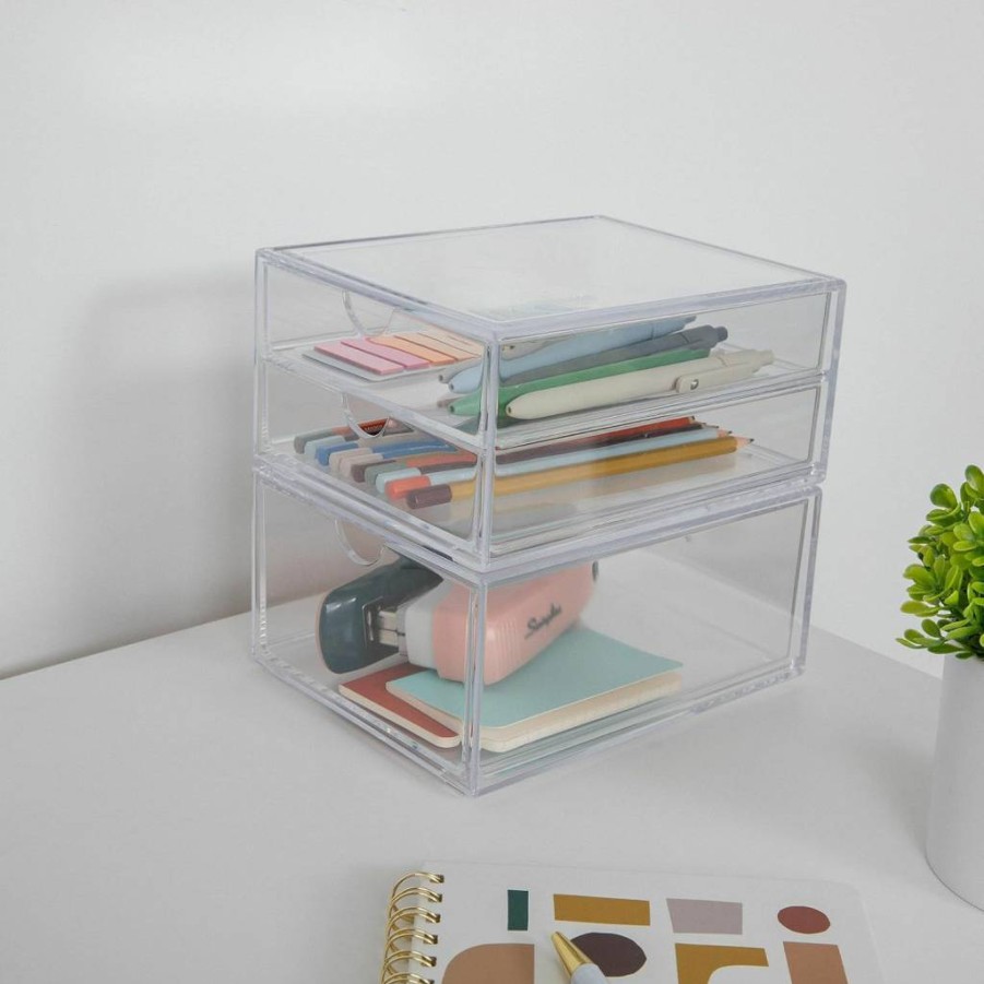 Martha Stewart Brody 2-Pack Stackable Plastic Drawer Organizers, Clear Storage Boxes for Office, Bathroom, Countertop & Dorm (6" x 7.5")