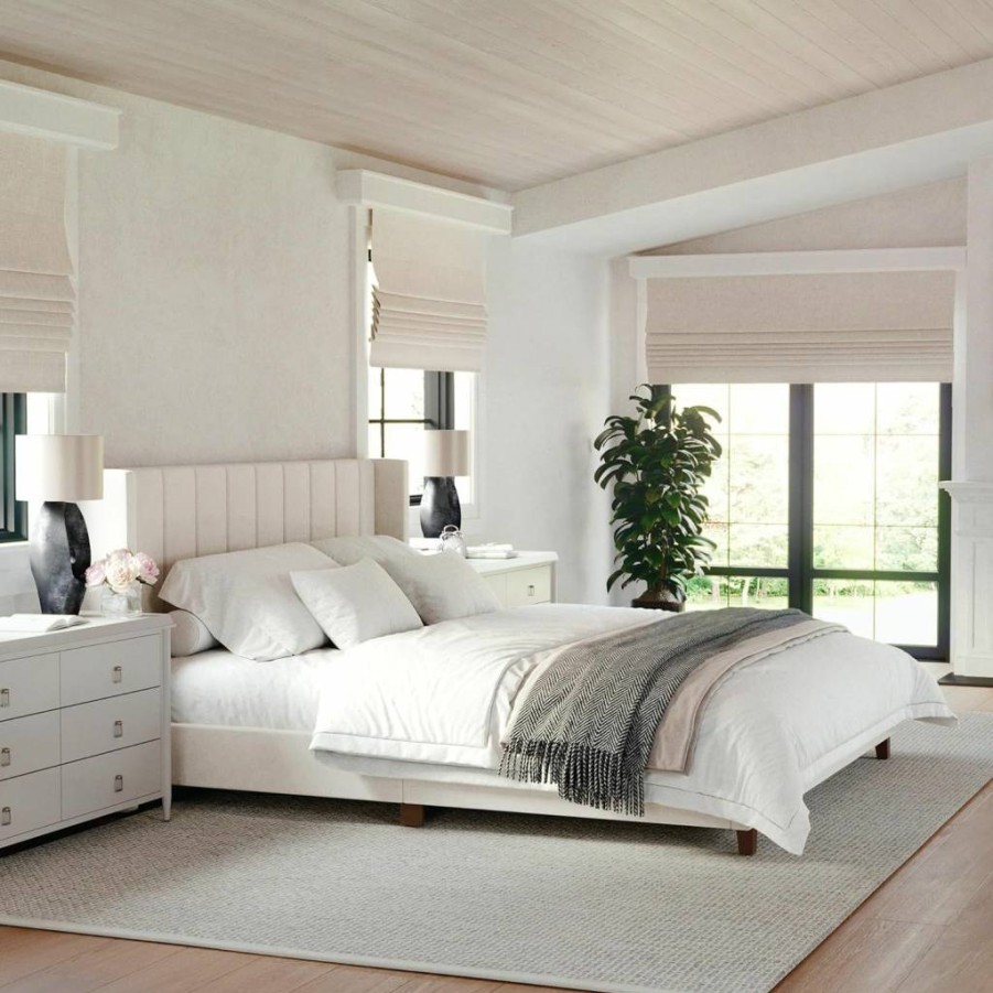 Martha Stewart Full Size Low Profile Platform Bed with Wingback Headboard - Channel Stitched Faux Linen Upholstered Bed Frame, No Box Spring Required, Gray Modern Bedroom Furniture