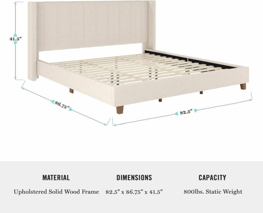 Martha Stewart Full Size Low Profile Platform Bed with Wingback Headboard - Channel Stitched Faux Linen Upholstered Bed Frame, No Box Spring Required, Gray Modern Bedroom Furniture