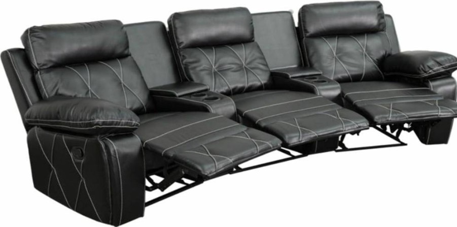 Flash Furniture 3-Seat Reclining Sofa with Cup Holders - Black Leathersoft Theater Seating for Home Cinema