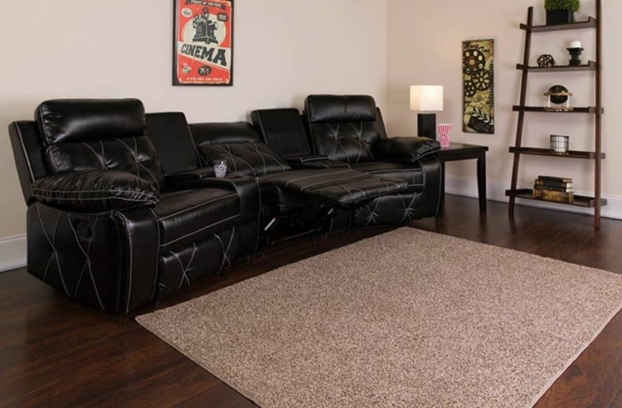 Flash Furniture 3-Seat Reclining Sofa with Cup Holders - Black Leathersoft Theater Seating for Home Cinema
